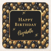 Elegante zwarte gouden glitter verjaardagsballonne vierkante kartonnen onderzetter (Voorkant)