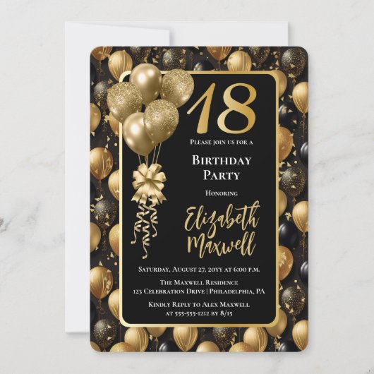 Elegante zwarte gouden glitterballonnen 18e verjaa kaart (Voorkant)