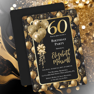 Elegante zwarte gouden glitterballonnen 60e verjaa kaart