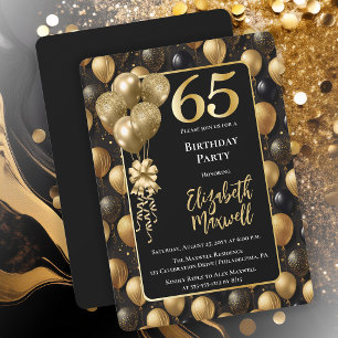 Elegante zwarte gouden glitterballonnen 65e verjaa kaart