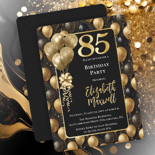 Elegante zwarte gouden glitterballonnen 85ste verj kaart