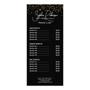 Elegante zwarte & gouden glitters prijslijst rackk reclamekaart