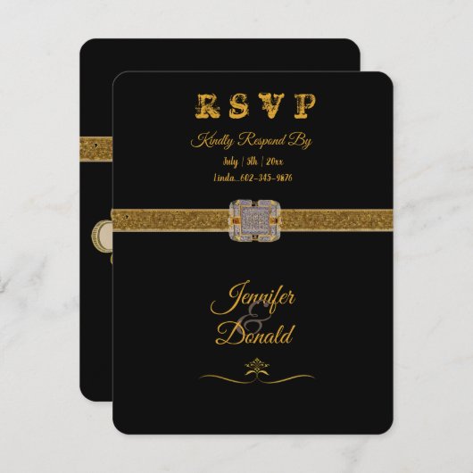 Elegante zwarte gouden glitterspin RSVP kaartje (Voorkant / Achterkant)