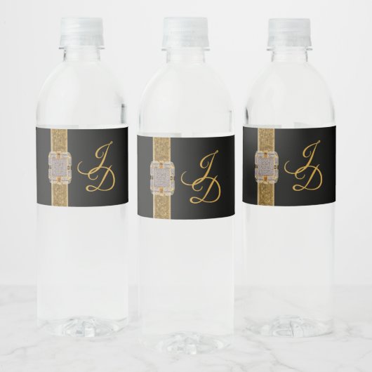 Elegante zwarte gouden glitterspin Wedding Waterfles Etiket (Flessen)