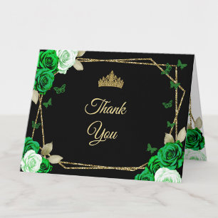 Elegante Zwarte Gouden Groene Rozen Quinceanera Bedankkaart