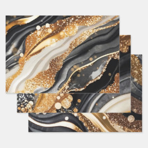 Elegante Zwarte Gouden Marmer Glitter Abstracte Ku Inpakpapier Vel