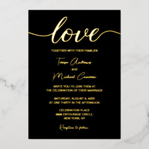 Elegante Zwarte Gouden Moderne Typografie Liefdess Folie Uitnodiging