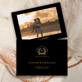 Elegante Zwarte Gouden Monogram Botanisch Wapen Save The Date