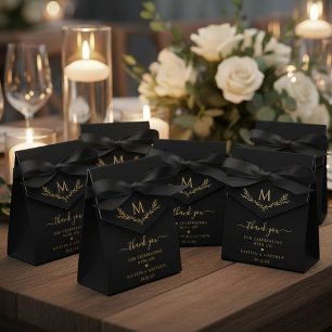 Elegante Zwarte & Gouden Monogram Krans Bruiloft Bedankdoosjes