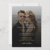 Elegante Zwarte & Gouden Monogram Krans Foto Bruil Kaart (Voorkant)