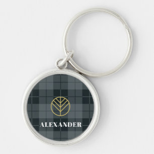 Elegante Zwarte Gouden Monogram Schotse Plaid Sleutelhanger