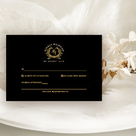Elegante Zwarte/Gouden Monogram Wapen Huwelijk RSVP Kaartje