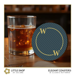 Elegante Zwarte Gouden Pinstripe Monogram Ronde Kartonnen Onderzetter
