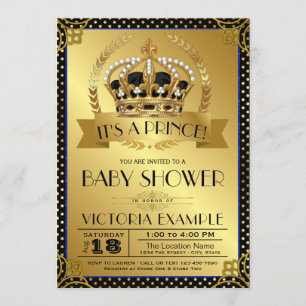 Elegante zwarte gouden prins baby shower uitnodigi kaart