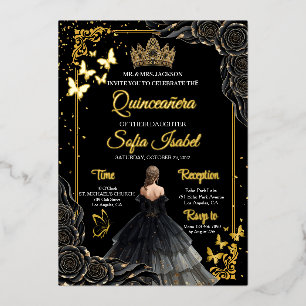 Elegante zwarte gouden Quinceañera uitnodiging met