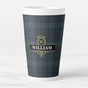 Elegante zwarte gouden ruitpatroon met monogram latte mok
