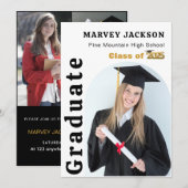 Elegante Zwarte Gouden Script 4 Foto Afgestudeerde Kaart (Voorkant / Achterkant)