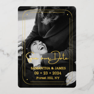 Elegante Zwarte Gouden Script Foto Save the Date Folie Uitnodiging