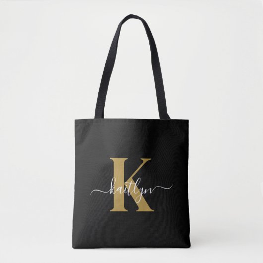 Elegante Zwarte Gouden Script Monogram Draagtas (Voorkant)