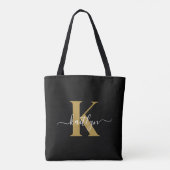 Elegante Zwarte Gouden Script Monogram Draagtas (Achterkant)