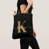 Elegante Zwarte Gouden Script Monogram Draagtas (Dichtbij)