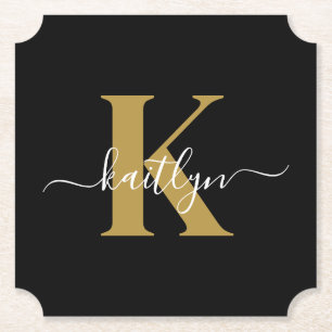 Elegante Zwarte Gouden Script Monogram Kartonnen Onderzetters