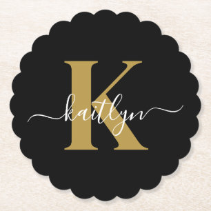 Elegante Zwarte Gouden Script Monogram Kartonnen Onderzetters