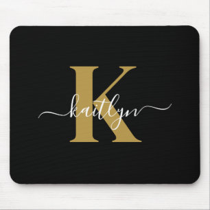 Elegante Zwarte Gouden Script Monogram Muismat