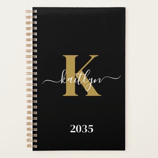 Elegante Zwarte Gouden Script Monogram Planner (Voorkant)