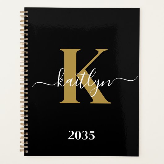 Elegante Zwarte Gouden Script Monogram Planner (Voorkant)
