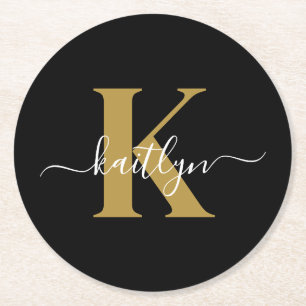 Elegante Zwarte Gouden Script Monogram Ronde Kartonnen Onderzetter