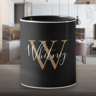 Elegante Zwarte Gouden Script Naam Monogram Mok