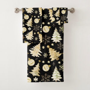 Elegante zwarte gouden sneeuwvlokken kerstboom bal bad handdoek