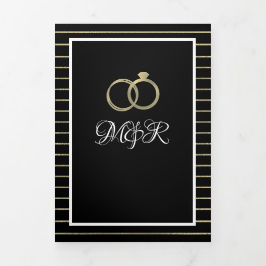 Elegante Zwarte Gouden Strepen Folie Bruiloft Drieluik Uitnodiging (Cover)
