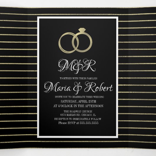 Elegante Zwarte Gouden Strepen Folie Bruiloft Drieluik Uitnodiging (Binnenkant midden)