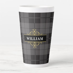 Elegante zwarte gouden tartan geruite monogram latte mok