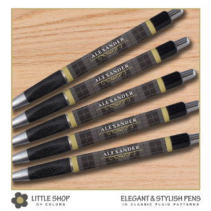 Elegante zwarte gouden tartan geruite monogram pen