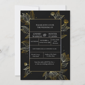 Elegante zwarte gouden trouwuitnodiging kaart