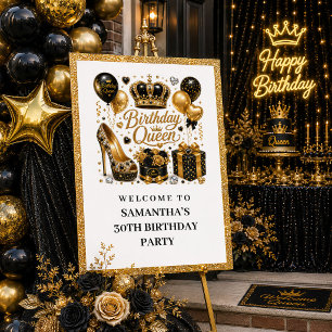 Elegante Zwarte Gouden Verjaardag Koningin Sparkle Poster