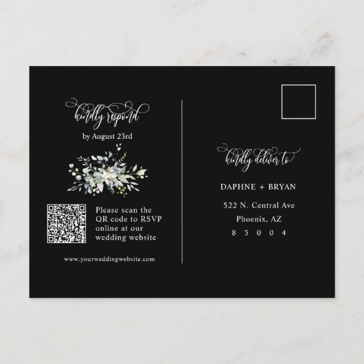 Elegante Zwarte Groene Bladeren QR Code Adres RSVP Briefkaart (Achterkant)