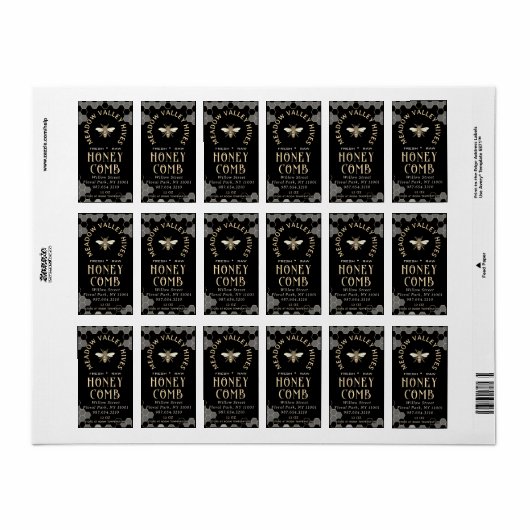 Elegante zwarte HONINGRAAT met kam Pattern & Bee Etiket (Full Sheet)