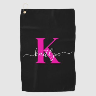 Elegante Zwarte Hot Pink Script Monogram Golfhanddoek