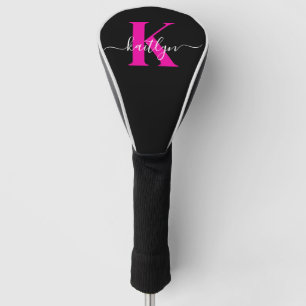 Elegante Zwarte Hot Pink Script Monogram Golfheadcover