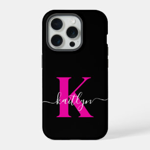 Elegante Zwarte Hot Pink Script Monogram iPhone 15 Pro Hoesje