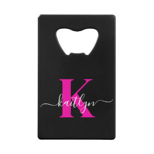Elegante Zwarte Hot Pink Script Monogram Kredietkaart Flessenopener
