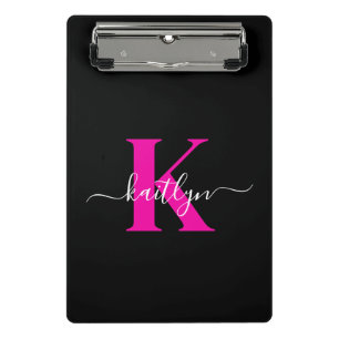 Elegante Zwarte Hot Pink Script Monogram Mini Klembord