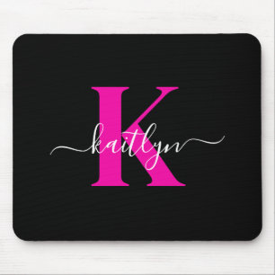 Elegante Zwarte Hot Pink Script Monogram Muismat