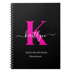 Elegante Zwarte Hot Pink Script Monogram Notitieboek
