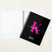 Elegante Zwarte Hot Pink Script Monogram Planner (Display)