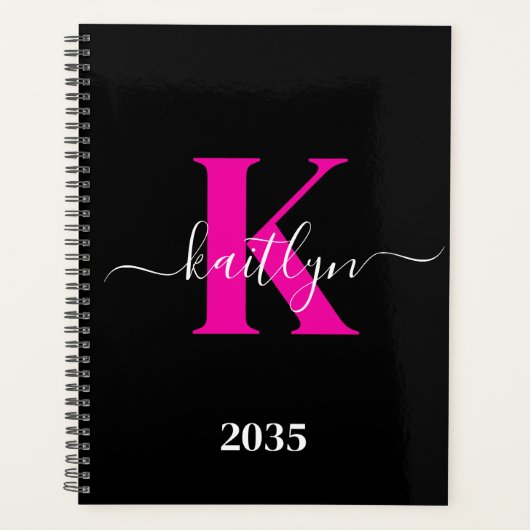 Elegante Zwarte Hot Pink Script Monogram Planner (Voorkant)